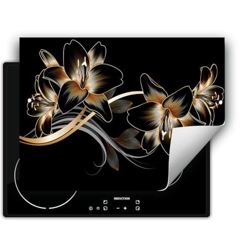 DarHaus Herdabdeckplatte 1 teilig 80x52 cm Küche Herdabdeckung Ceranfeld Herdabdeckplatten Anti Rutsch Matte Aufrollbar, schwarz - Orchidee