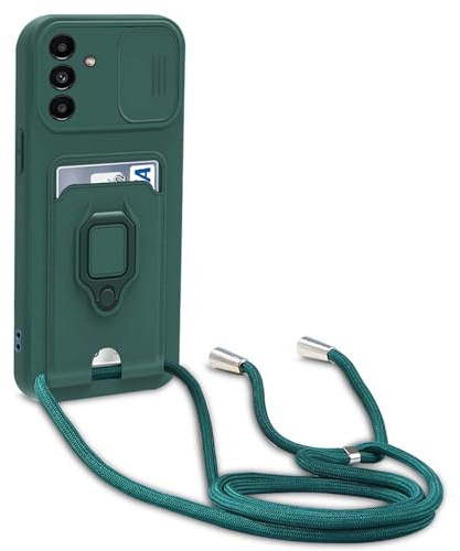 YFSYLL Handykette Schutzhülle kompatibel mit Samsung Galaxy A35 Handyhülle mit Band,Silikon Handyhülle Case mit Schiebe Kameraschutz,360 Grad Ringhalter Stand,Kartenfach,Dunkel Grün