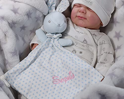BotoBaby® - Schmusetuch mit Namen und Geburtsdatum - Kuscheltuch - (Baumwolle - Hase - Blau)