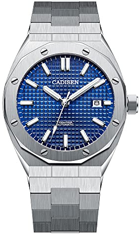 TYBERLEY CADISEN Hombres Reloj Mecánico para Hombre NH35 Movimiento automático Completo de Acero Inoxidable Impermeable de Negocios de Lujo Deportes Relojes de Pulsera, Azul-tartán