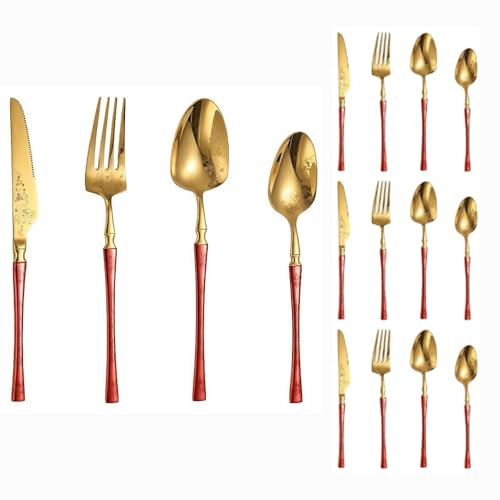 Créatif Petite Taille Motif Laser Cuisine En Acier Inoxydable Argenterie Vaisselle Couverts Ensemble De Couverts Couteau À Steak Fourchette Cuillère Cuillère À Café (Or rouge,16 pièces)