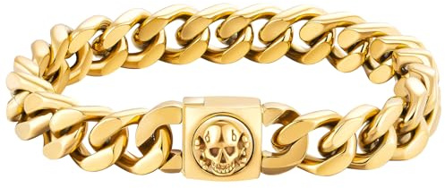 KRKC&CO 12mm Herren Armband mit Totenkopf Verschluss, 18K Gold beschichtet Panzerarmband, breite dicke Edelstahl Cuban Armband, Hip Hop Wikinger Biker Schmuck Geschenk für Männer Jungs [Länge 20,3cm]