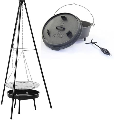 SOUK ONE Grill Dreibein Schwenkgrill inkl. Gusstopf Dutch Oven, Grillgestell mit Kette, 150 cm hoch, inkl. 46cm Grillrost, inkl. 50 cm Feuerschale, Holzkohlegrill (Schwenkgrill inkl. 6L Gusstopf)