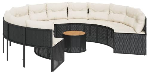 vidaXL Gartensofa mit Tisch und Kissen Rund Schwarz Poly-Rattan, Terrassensofa, Loungesofa, rundes Sofa, Outdoor Sofa, Loungemöbel, Sofa rund