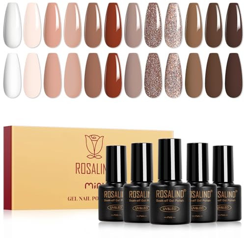 ROSALIND Smalti Semipermanenti per Unghie Marrone, 12 Colori Bianco Nude Marrone Smalto Semipermanente Glitter Colori, Soak Off UV/LED Smalto Gel Unghie DIY Nail Art Manicure Regalo