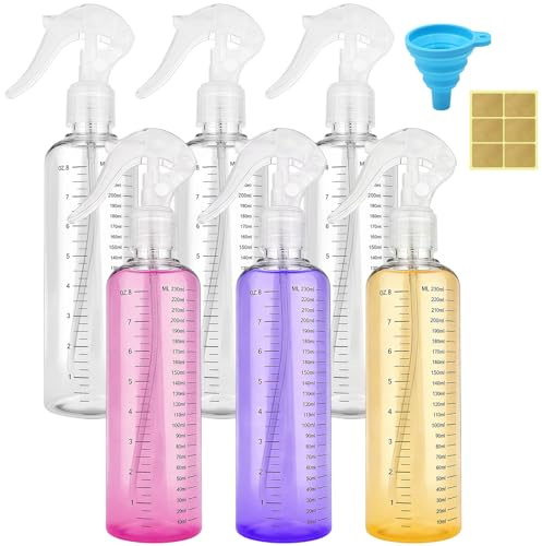 HavaCue 6 Pcs 250ml Spray Bottles for Cleaning, Fine Mist Stream Refillable | Fine Mist Water Spray Bottle for Hair, Gardening and Essential Oils With Foldable Funnel, Label Sticker