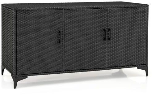 COSTWAY Gartenschrank Rattan, Terrassenschrank mit Türen & abnembaren Regalen, Balkonschrank, Outdoor Aufbewahrungsschrank für Garten, Terrasse, 135 x 50 x 70,5 cm (Schwarz)