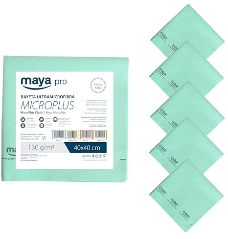 Maya - Bayetas de Microfibra para Limpieza de Vajillas/Cristales y Multisuperficies sin Dejar Rayas | 40x40 cm | Pack de 5 Paños Microplus Absorbentes para Cocina (Verde)
