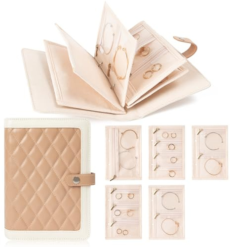 FurUlixty Jewelry Travel Organizer Case -5 Pouch Jewelry Roll for Necklaces, Rings, Earrings Jewelry Storage Ring Binder PU Leather for Women (Beige & White)