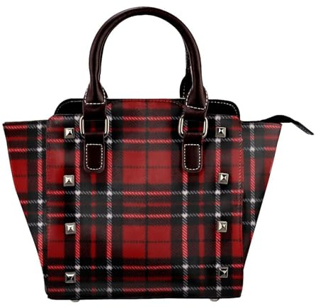 FEYUNYAN Leder-Tragetasche für Damen, Retro-Nieten, Schultertasche, rot, schwarz, kariert, Handtaschen, verstellbarer Schultergurt, Crossbody-Tasche für Damen, Rot-Schwarz kariert, Einheitsgröße