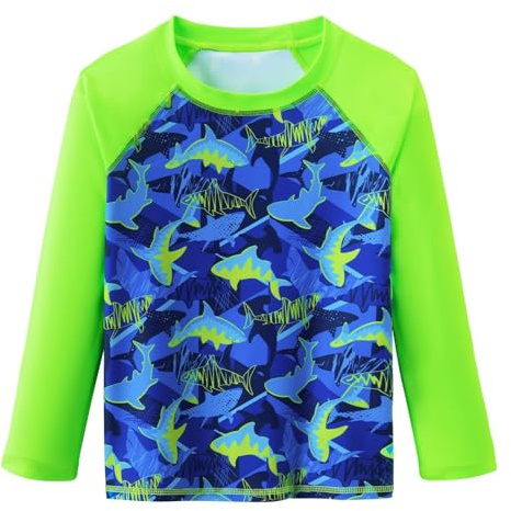 WAWSAM Boys Rash Guard Swim Shirts Long Sleeve UPF 50+ Swimwear Quick Dry Toddler Rash Guard for 4-6 Years (US, Age, 4 Years, Shark Green)