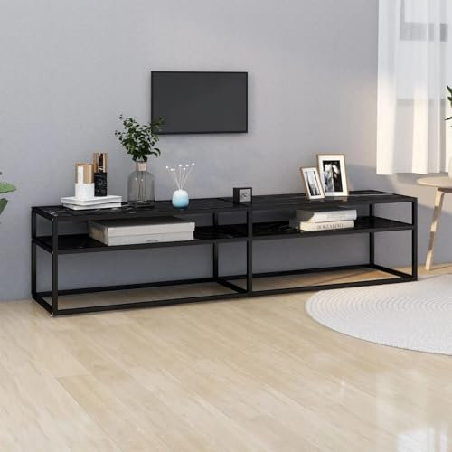 Fasba TV Schrank Lowboard Fernsehschrank Fernsehtisch Sideboard HiFi-Schrank TV Möbel Tisch Board Schwarz Marmor-Optik 180x40x40,5 cm Hartglas