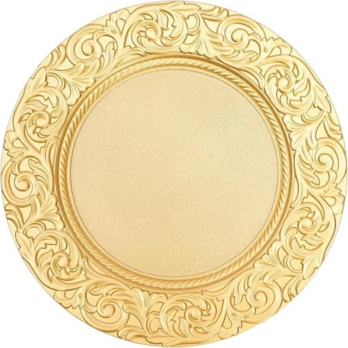 100 PCS Antique Charger Plates Bulk Round Plastic Dinner Plate Embossed Rim Server Plate Decorative Chargers Floral Plates for Dinner Parties Wedding,13 InchGold,One Size