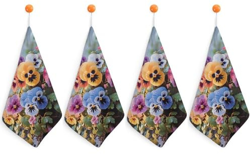 QMNVBDS 4PCS Kitchen Hand Towel Funny Pansy Flowers Microfiber Cleaning Cloth Soft Dish Towels for Kitchen Super Absorbent Towels with Hanging Loop Tea Towel Decorative Set Fast Drying Dish Rags