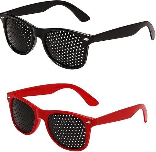 Heyumybit Pinhole Glasses,2Pcs Lazy Small Hole,Grid Eye Hole Glasses Unisex for Eye Training Vision Improvement Relaxation (Black&Red)
