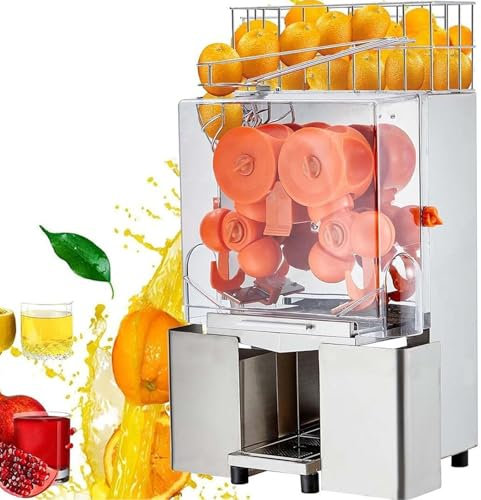 Presse-agrumes professionnel automatique avec presse-agrumes en acier inoxydable, haute efficacité 20 oranges/minutes, comprend une boîte de filtre extractible et des seaux de collecte de pelures pour