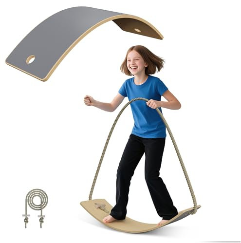 XMTECH Balance Board aus Holz mit EVA Anti-Rutsch Matte Grau, Kinder Balancierbrett 82x30x1,5 cm, Wackelbrett für Gleichgewicht und Koordination, inkl. Seil & Holzstäbe