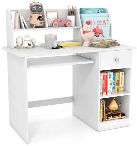 DREAMADE Schreibtisch Kinder mit Bücherregal & Schublade & Ablage & Tastaturablage, Jugendschreibtisch Schülerschreibtisch, Kinderschreibtisch aus Holz für Jungen und Mädchen, 90x45x90cm (Weiß)
