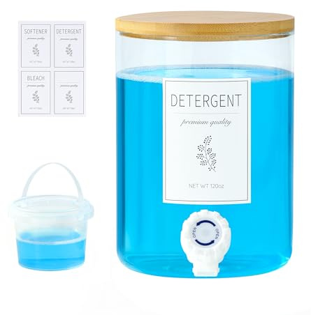 KitHero Glas-Waschmittelspender 3,5L (120oz) mit Bambusdeckel, Flüssigwaschmittel & Weichspüler Spender, Waschküchen Aufbewahrung inkl. 1 Becher + 4 Etiketten