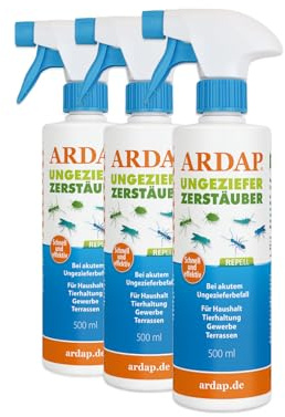 ARDAP Repell Ungeziefer Zerstäuber 3 x 500ml - Anti Insektenspray - Ungezieferspray & Fliegenspray bei Ungezieferbefall - Insekten Spray - Schädlingsfrei - Pumpspray - Wirkt schnell (PT19)
