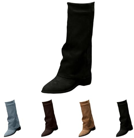 UK 5.5 Womens Fold Over Boots Mid Calf Slouchy Suede Pointed Toe Slip on Chunky Block Heel Short Boots Booties Fall Winter Mid Calf Boot Shoes Black Footwear