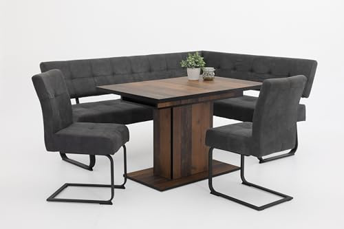Hela Tische, 4-TLG. Essgruppe Essecke, Säulentisch, Dekor Oldwood, Eckbank + 2X Freischwinger Stuhl Luise, Vintage Anthrazit, Komfortsitz Federkorb