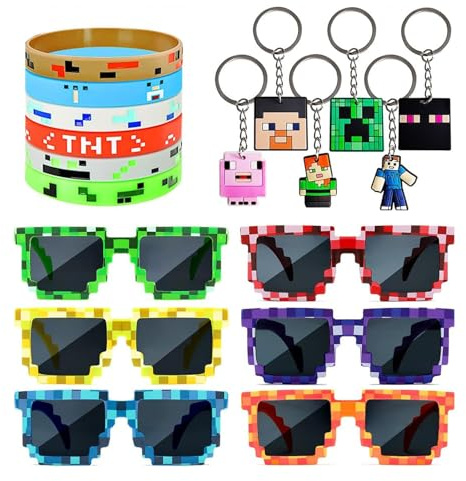 Lot de 18 Jouets de Gadgets de Fête D'Anniversaire, Lunettes de Mosaïque de Pixels de Soleil Colorées, Bracelet en Silicone, Porte-clés Mignon, Décorations de Fête d'anniversaire pour Enfants
