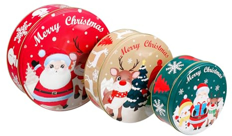YARNOW 3 Pcs Christmas Tinplate Box Cookie Tins with Lids, Round Metal Containers with Lids for for Holiday Packaging and Festive Storage