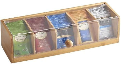 Deuson Caja de té de bambú para bolsas de té, cajas transparentes para guardar té con 5 compartimentos y tapa acrílica, para bolsas de té, té, café, especias (color madera natural)