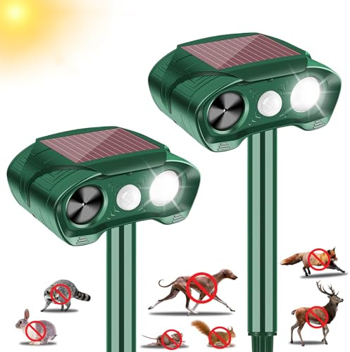 2 Pack Solar Ultrasonic Animal Repeller Outdoor Cat Deer Repellent Devices with Strobe Flashing Light - Keep Squirrels, Dogs, Raccoons,Rabbits,Skunks Away from Garden Yard Farm Animal Deterrent