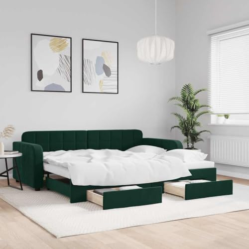 Frdhee Hochbett Tagesbett,Tagesbett Ausziehbar mit Schubladen Dunkelgrün 90x200 cm Samt,Haushaltsbett für Schlafzimmer Kinderzimmer