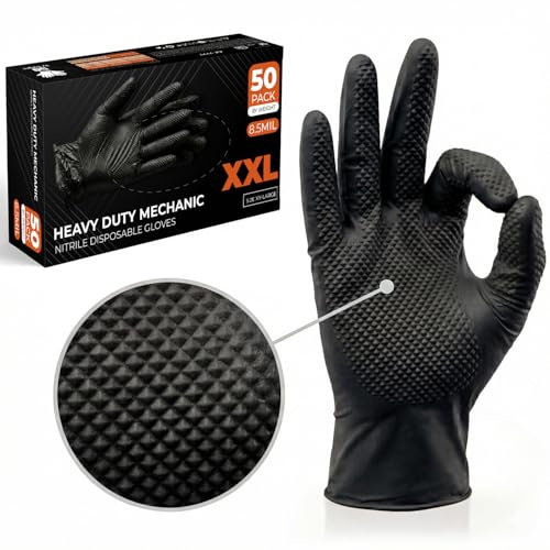 The Real Touch Nitrile Gloves, 50 Count, Heavy-Duty Disposable Mechanic Gloves, Diamond Textured, Latex & Powder-Free, Non-Slip, Extra Thick, Ideal for Automotive, Industrial Tasks (Black - 50, XXL)