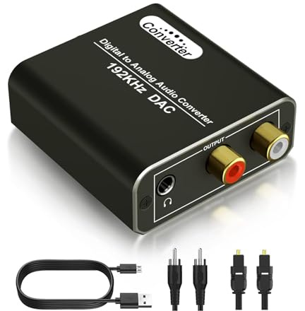 Powice Digital Analog Wandler Audio, 192KHz Dac Wandler auf Klinke Aux Digital Adapter Optical auf Klinke 3,5mm Cinch RCA mit 1M optischem Kabel für Digital Audio TV Blu-Ray HD DVD