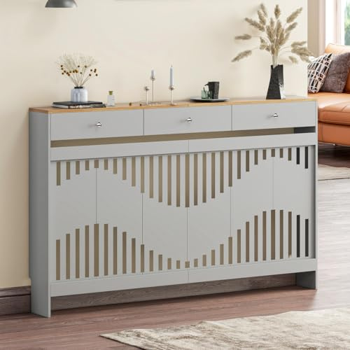 Luxstein Radiator Cover with Drawers, Grey Wooden Radiator Shelf Pipe Covers Cabinet with Wavy Grill for Living Room Bedroom Hallway, 152Lx19Wx95Hcm