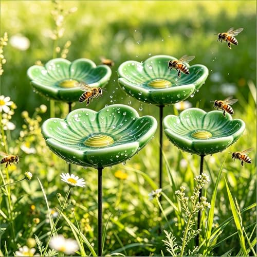 Blume Bienentränke für den Garten | 4 Stück Keramik Blumen Insektentränke auf Stab | 27CM Blume Gartenstecker Vogeltränke Stehend Süße | Kreative Blumen Vogelbad Garten für Gartendeko Draußen