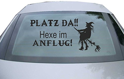 Indigos UG Aufkleber Heckscheibe & Motorklappe - schwarz - 600x285 mm - platz da!! hexe im anflug! - selbstklebender Sticker für Auto, Fenster, Bus oder LKW