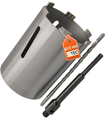 BTEC Diamant Betonbohrkrone mit 180mm Nutzlänge für Kernbohrungen in Beton, Mauerwerk Ziegel, Poroton uvm. SDS-plus lang (200mm) Aufnahme und Zentrierbohrer Ø 132 mm