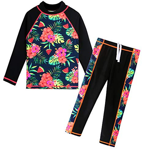 ZNYUNE Girls 2PCS Leaves Printed Swimwear Long Sleeve Swimsuit Set Kids Bathing Suit Swimming Costume for Age 3 to 10 Years S301 BlackFlower 10A