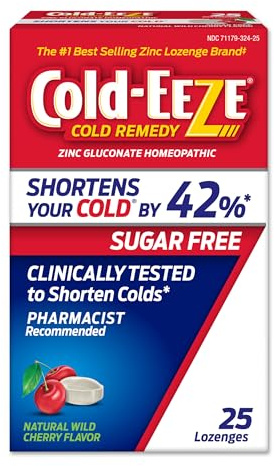 Cold-EEZE Sugar-Free, Natural Wild Cherry Zinc Lozenges, Homeopathic Cold Remedy, Shortens the Common Cold, Sore Throat, Cough, Congestion & Post Nasal Drip, 25 Ct