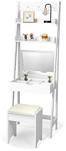 DREAMADE Toeletta per Camera da Letto, Mobile da Trucco, Tavolo da Toeletta con Specchio, 60x40x180cm, Bianco