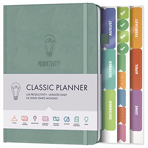 LUX PRODUCTIVITY Agenda de productivité classique bleu ardoise – Agenda non daté – Planificateur d'objectifs 2021 et journal personnel avec un emploi du temps quotidien pour la pleine conscience