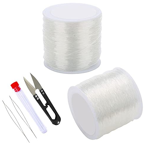 Pamtns Elastic Cord Beading 2 Stück Perlenfaden Nylonfaden Elastisch Durchsichtiger Faden Elastischer Schmuckfaden 0,5 mm Gummiband Armband mit Schere und 2 Perlennadeln für Armband