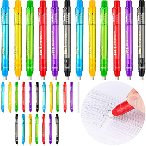 Crtiin 30 Pcs Retractable Erasers Pen Mechanical Eraser Pen for Artist or Students School Office Supplies, 6 Assorted Colors