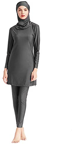 Burkini Damen Muslim Lang Große Größen Frauen Muslimische Badeanzug Bademode Islamische Arabische Jilbab Langarm UV Shirt+Badehose+Badekappe Hijab Kopftuch Khimar 3tlg Schwimmanzug Grau XL