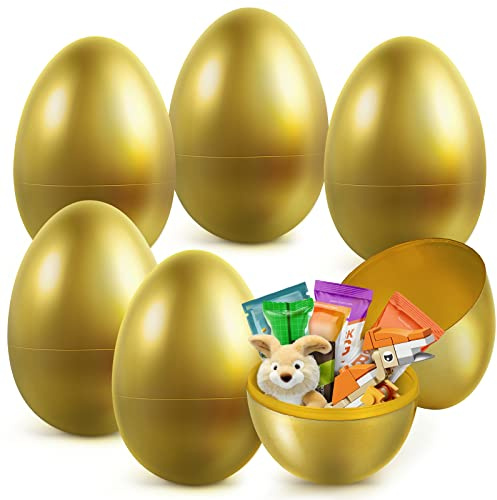 6 PCS Large Golden Easter Eggs, 6 Jumbo Metallic Easter Eggs for Easter Egg Hunt, Empty Eggs for Filling Treats, Fillable Surprise Eggs Bulk, Basket Stuffers Fillers, Easter Basket Essentials