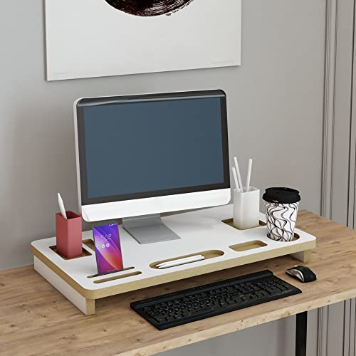 [en.casa] Monitorständer Tjele Bildschirmerhöhung Monitorerhöhung Bildschirmständer mit Smartphonehalter Laptop Erhöhung für Schreibtisch Weiß Büro