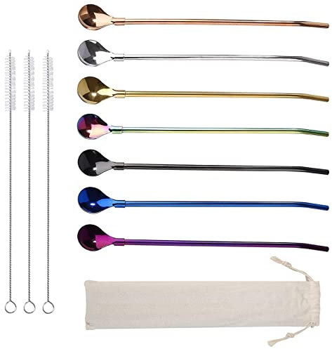 Pailles en acier inoxydable avec cuillère en métal réutilisables 7 cuillères en métal pour cocktail latte macchiato thé