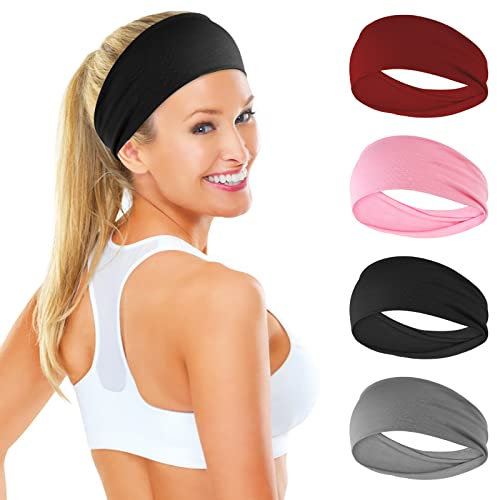 Sibba 4 Pieces Women's Headbands Elastic Non Slip Headband Yoga Exercise Sweat Wicking Bands Running Workout Hair Band Hair Accessories