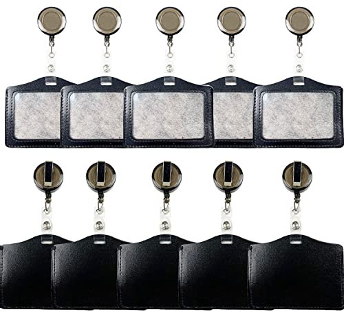 Ausweishülle aus PU Leder, Ausweishülle Ausweishalter aus PU Leder, ID Badge Holder Schlüsselkarten, Kartenhalter Retractable Badge Reels Einziehbare Ausweis mit clip, 10 Stück, Schwarz…
