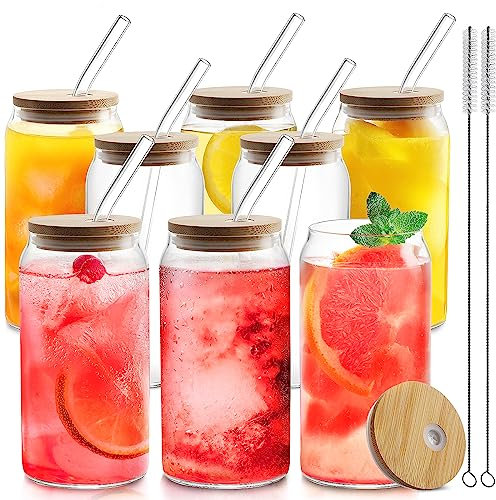 HOMBERKING Glass Cups with Bamboo Lids and Straws 8pcs Set, 20oz Cups, Beer Glasses, Iced Coffee Cups, Cute Tumbler with 2 Cleaning Brushes, Ideal for Cocktail, Whiskey, Tea, Gift